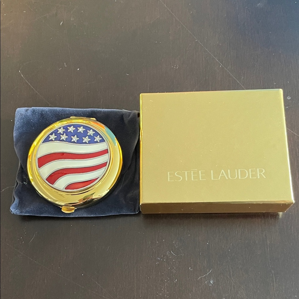 Estee Lauder Gold Compact Mirror with Red, White & Blue Enamel Flag